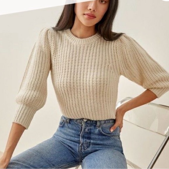 Reformation Puff Sleeve 100% Baby Alpaca Chunky sweater, 3/4 Sleeve, Ivory S - Picture 2 of 4